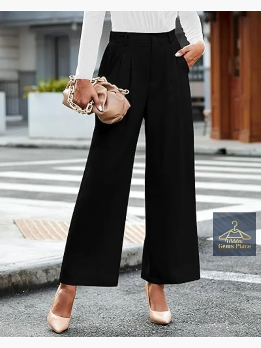 High Waisted Wide Leg Work Pants Polyester Stretch Business Casual - Picture 3 of 7